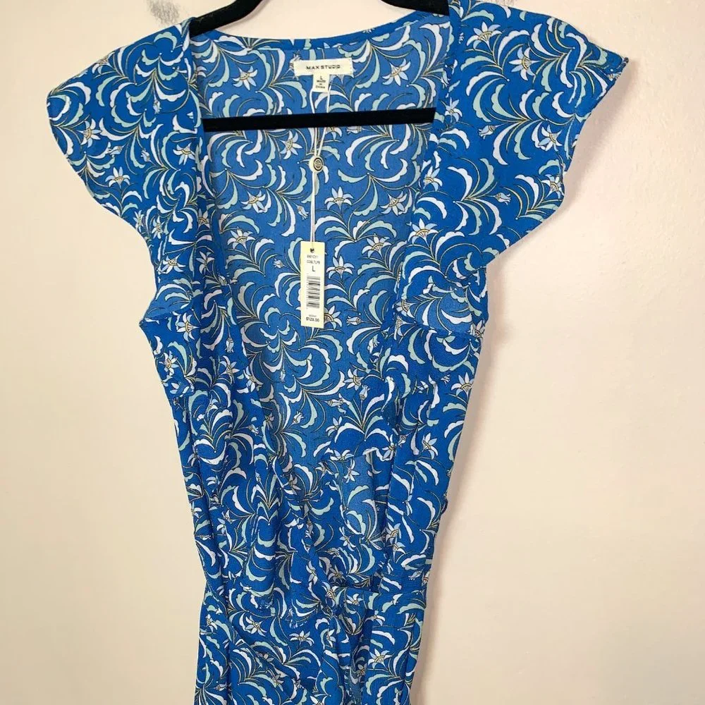 MAX STUDIO Blue Floral Patterned Ruffle Wrap Midi Dress Size L